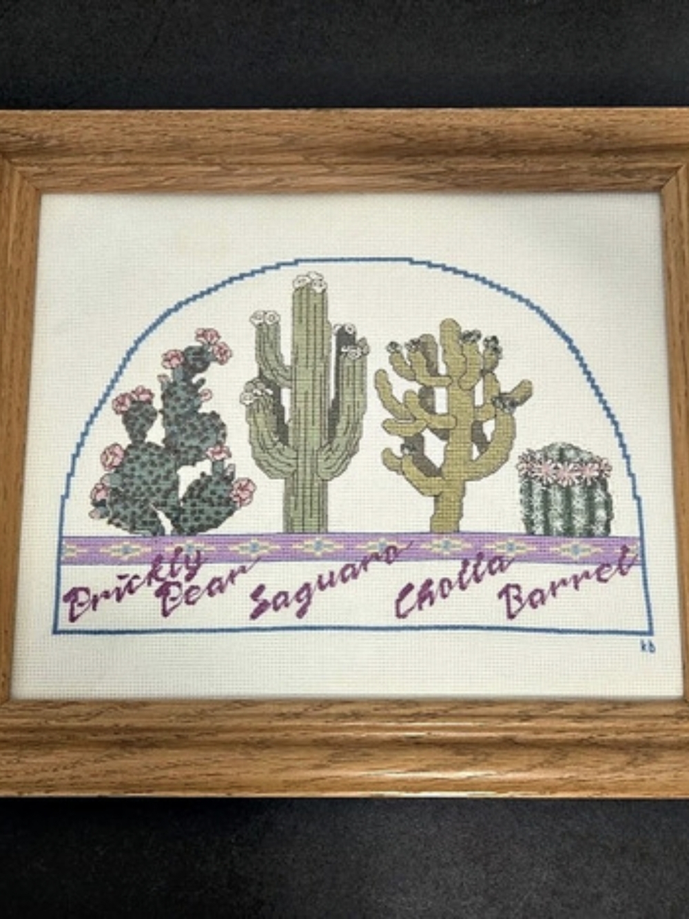 Framed Cactus Needlepoint Desert Scene Brown Green